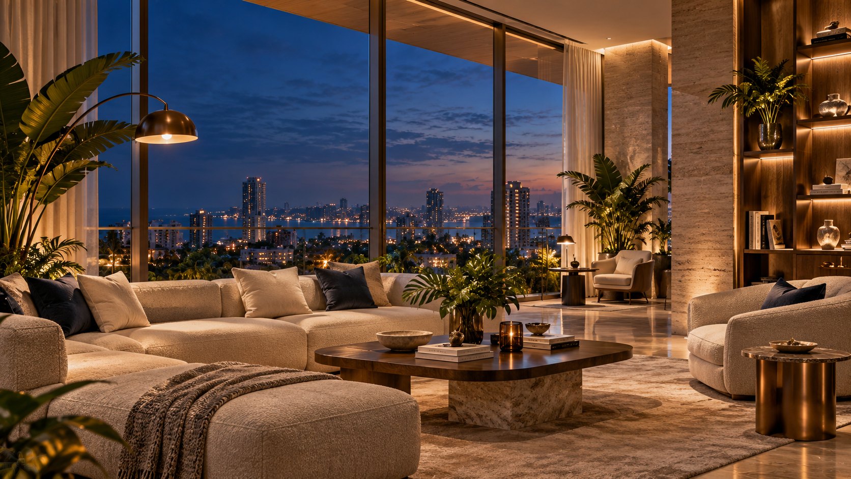 AI-assisted concept of a warmly lit residents' lounge with soft seating and a fictional city backdrop.