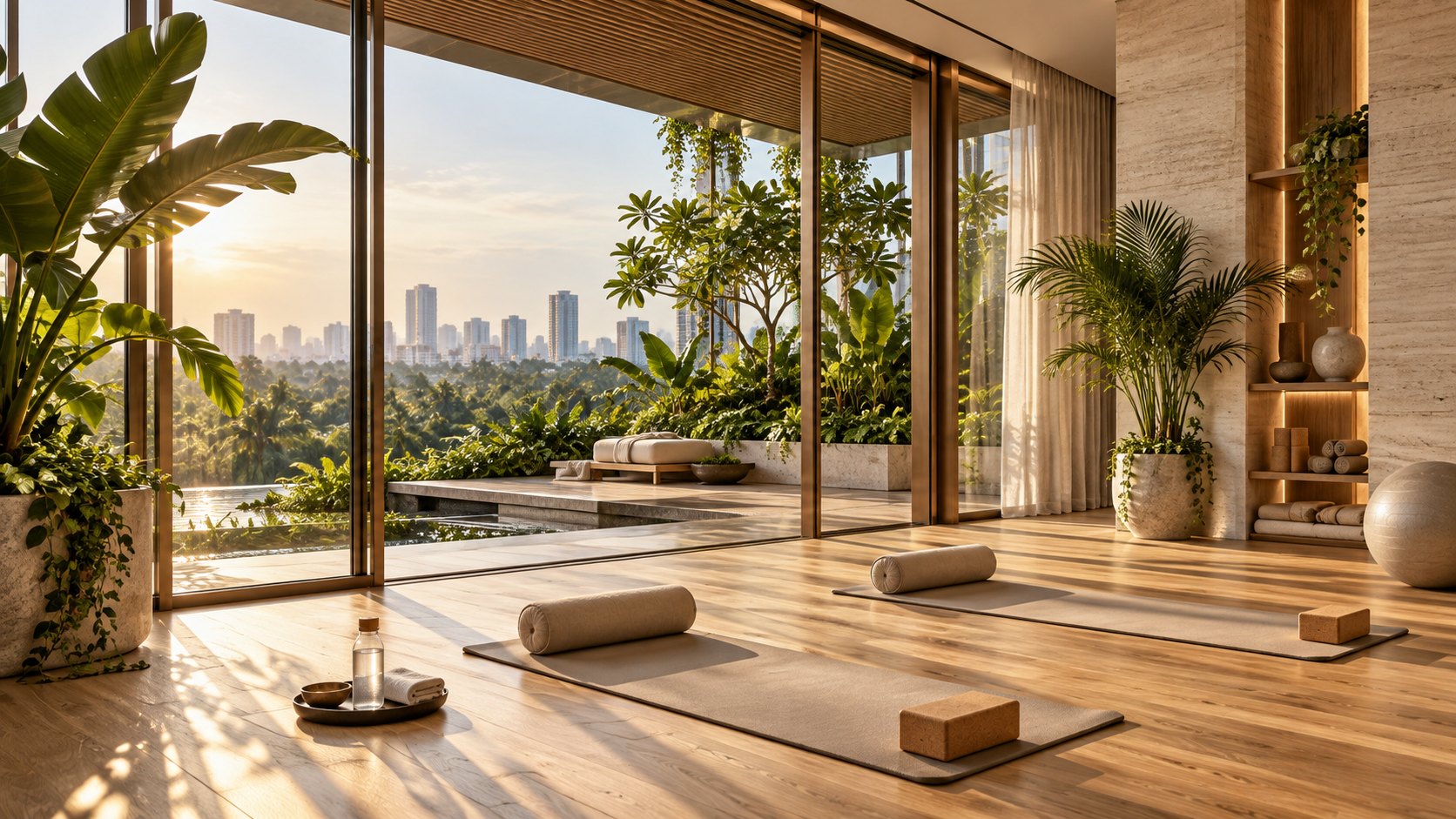AI-assisted concept of a sunlit wellness studio with yoga mats, natural stone and tropical planting.