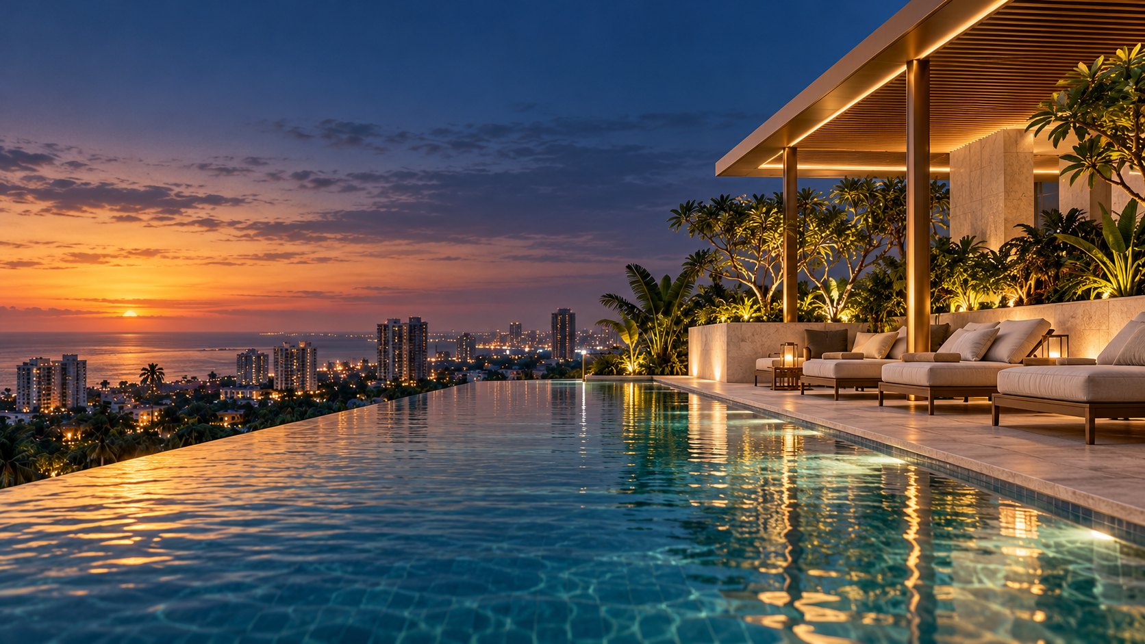 AI-assisted concept of an infinity pool and planted terrace in warm sunset light. Fictional facilities and view.