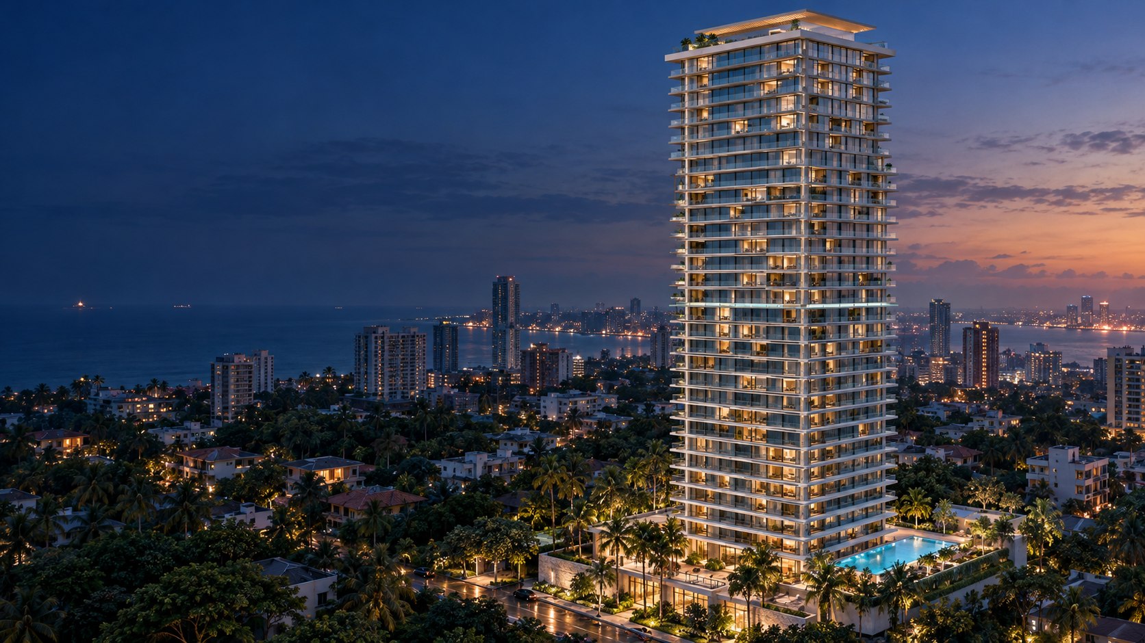 AI-assisted architectural concept of the fictional Skyline tower at blue hour, with tropical planting and warm interior lights. Not a photograph of a real property.